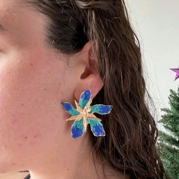 Gold Flower statement Flower Earrings Blue teal Boho Big Floral Stud 💖2/$30 - Picture 6 of 10